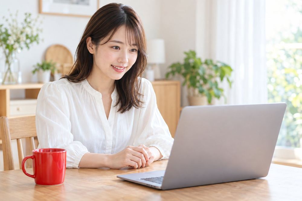 20代の女性が自宅のダイニングテーブルで、パソコン越しに事務所のスタッフと画面で面談している