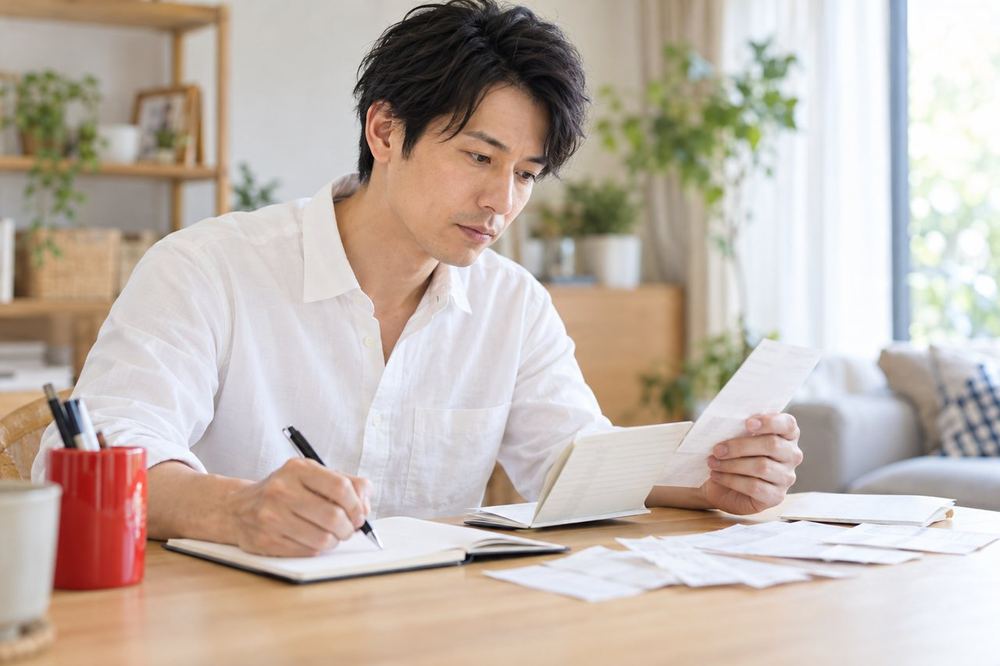 30代の男性が自宅の机で、領収書と通帳の記録を見比べながら、収入と経費のメモをつけている