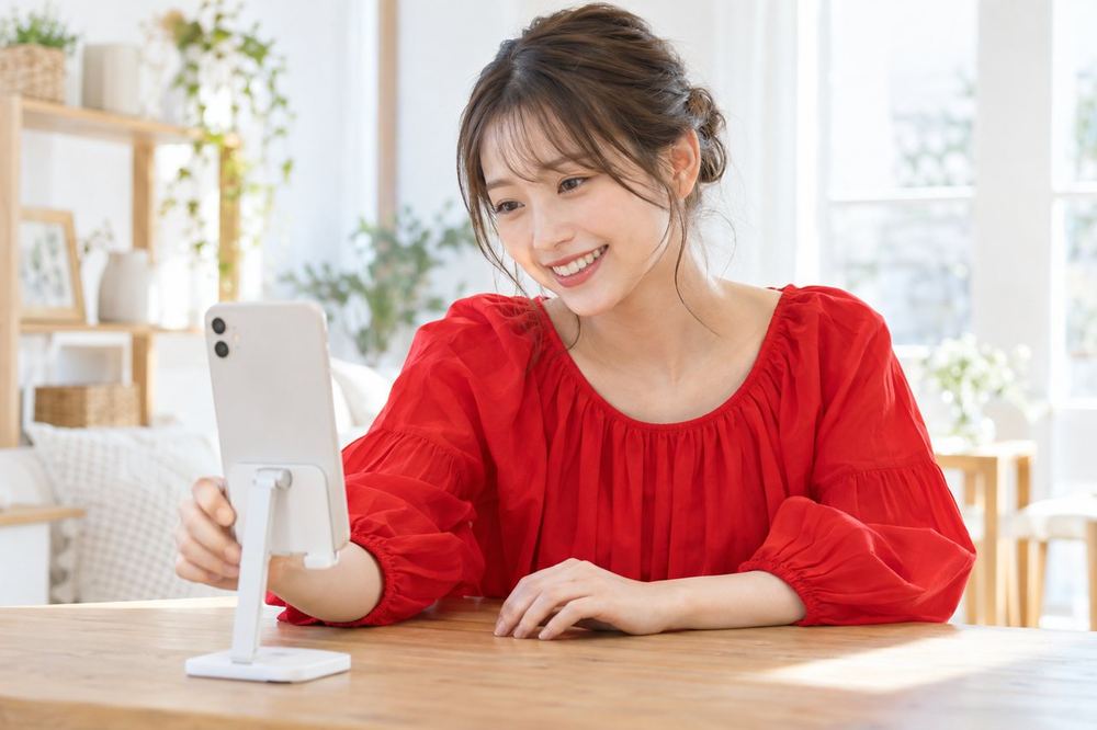 20代の女性が明るい部屋で、スマホで配信の準備をしながら、画面の向こうの人と話している