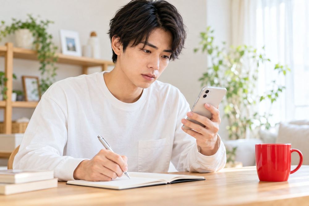 20代の男性が自宅の机でスマホを手に取り、TikTokの公式ページを読みながらノートにメモを取っている