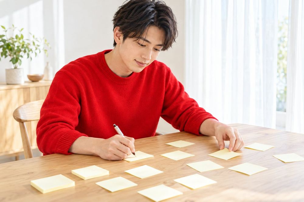 20代の男性が部屋のテーブルで、配信でやりたいことを付箋に書き出して並べている
