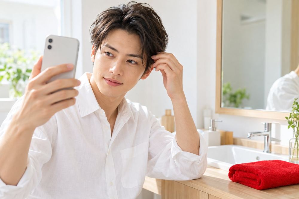 20代の男性が洗面所の鏡の前で髪を整えてから、スマホのカメラに映る自分の顔を確かめている