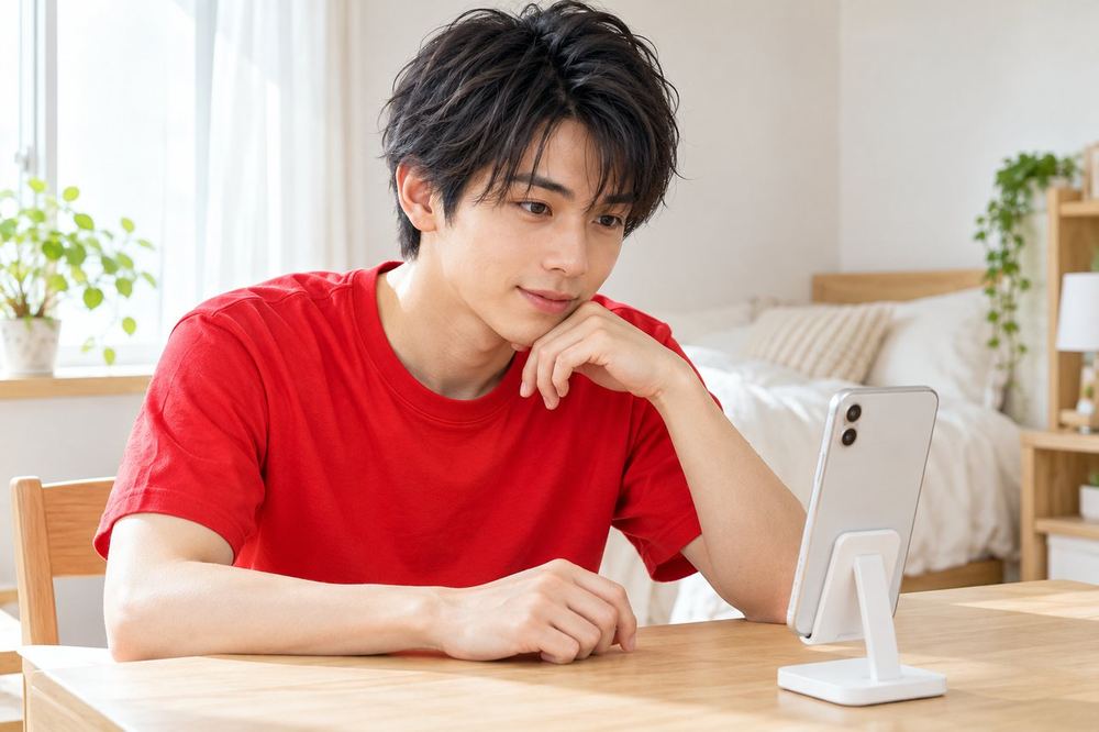 20代の男性が部屋の机でスマホをスタンドに立て、初めての配信の前に画面の映りを確かめている