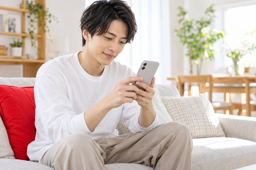 20代の男性が自宅のソファでスマホを見ながら、届いたコメントの設定画面を確認している