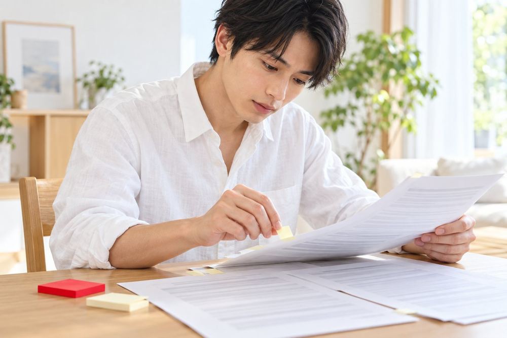 20代の男性が自宅の机で契約書を広げ、気になる項目に付箋をつけながら読んでいる