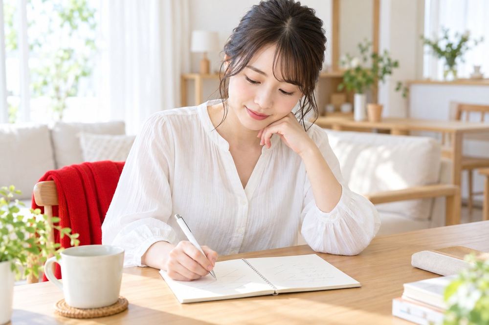 20代の女性が自宅のテーブルでノートを広げ、税金の扶養と健康保険の扶養の違いを二つの列に分けて書いている