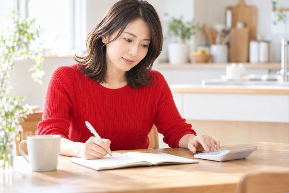 30代の女性がキッチンのテーブルで電卓とノートを広げ、年間の収入の見込みを書き出している