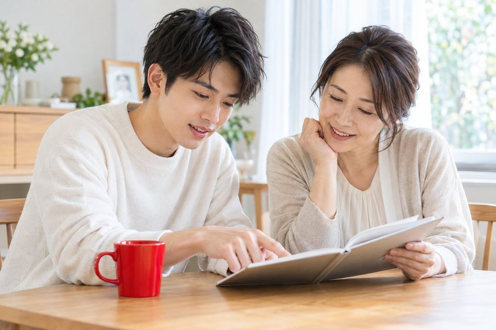 20代前半の男性が実家のダイニングテーブルで、親と一緒にノートの数字を見ながら話し合っている