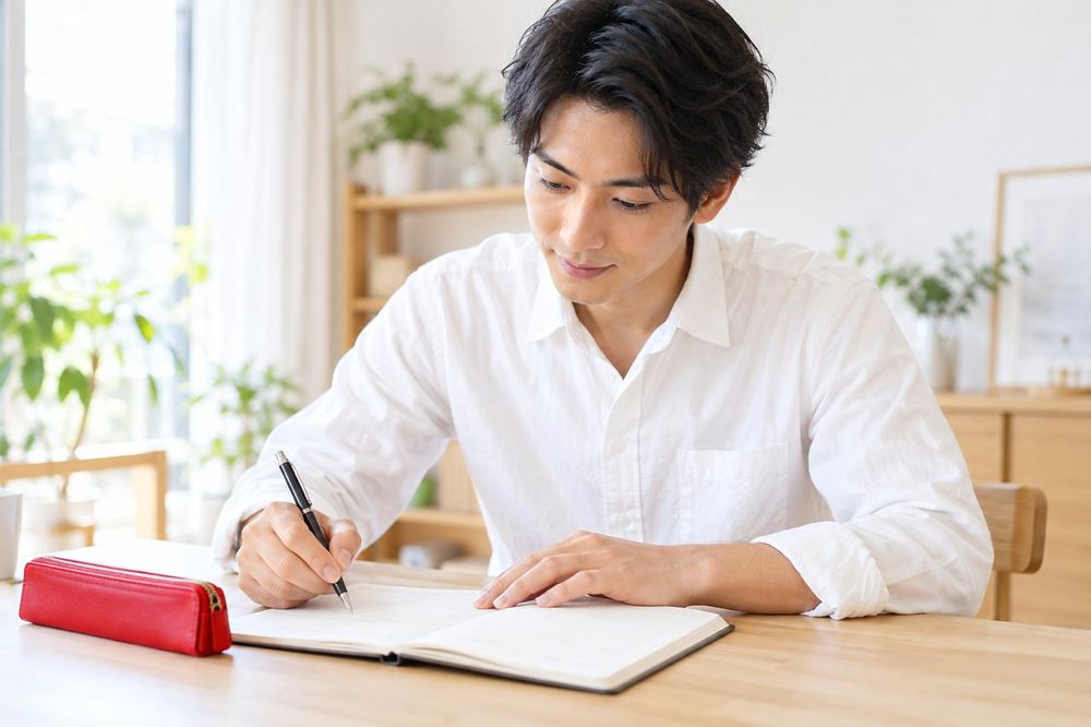 30代の男性が机の上のノートに、受け取った報酬と使った費用を月ごとに書き分けて記録している