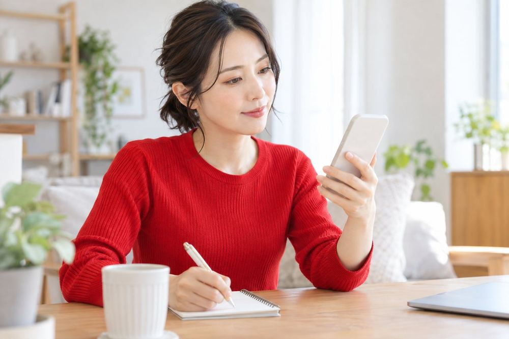 30代の女性が自宅の机で、スマホで窓口の連絡先を調べながら、聞きたいことをメモに書いている