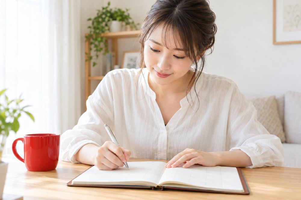 20代の女性が部屋のデスクで、カレンダーに確定申告や年末の見直しの予定を書き込んでいる