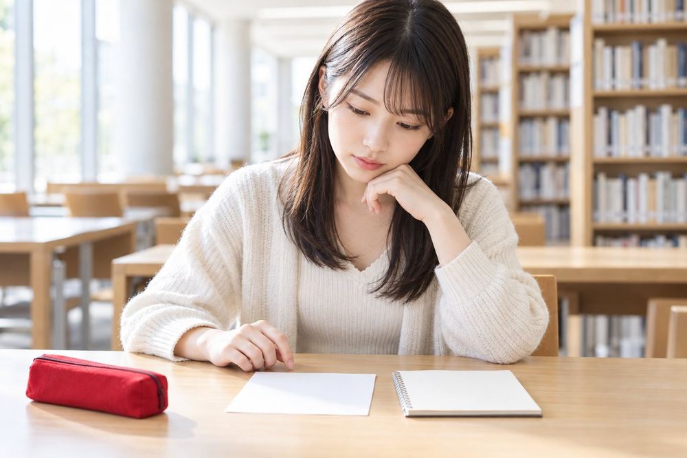 20歳前後の女性が大学の図書館で、バイトの給与明細と配信の収入メモを机に並べて見比べている