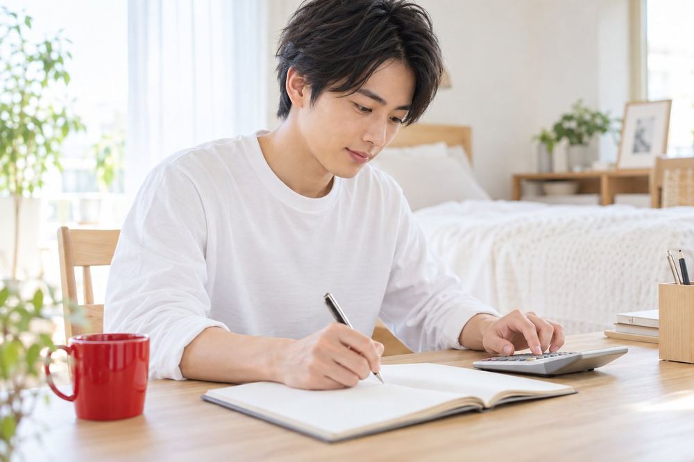 20代の男性が自室の机で電卓を使い、ノートに収入から控除を引く計算を書き出している
