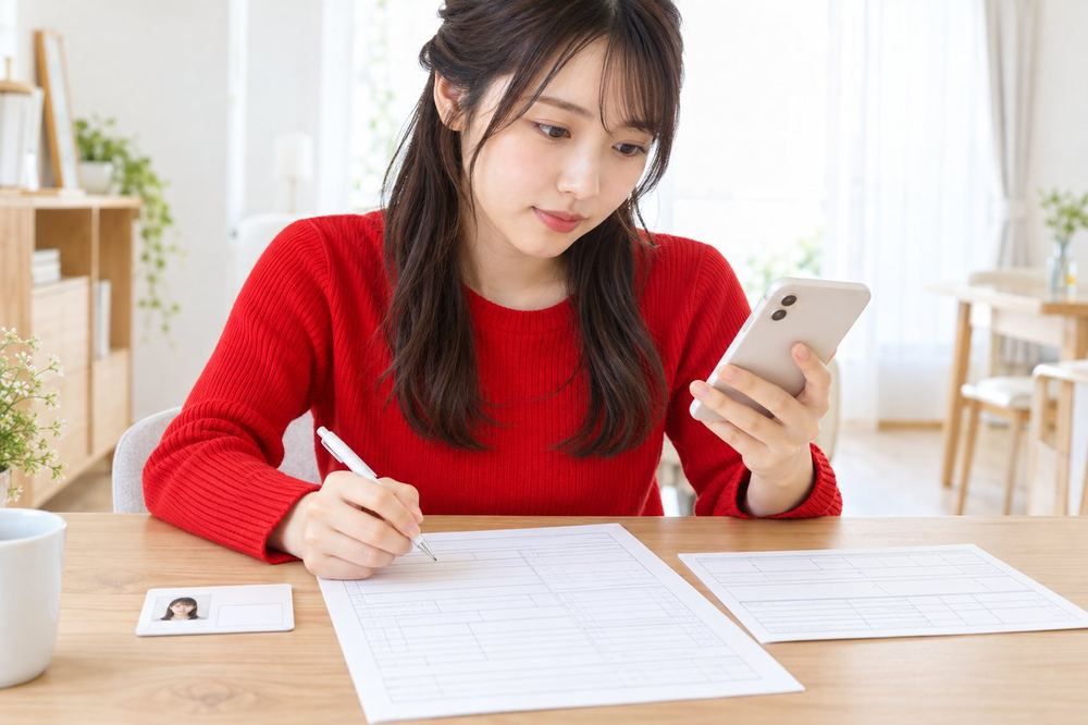 20代の女性が学生証と源泉徴収票を机に並べ、申告書に書く項目をスマホで調べながら確かめている