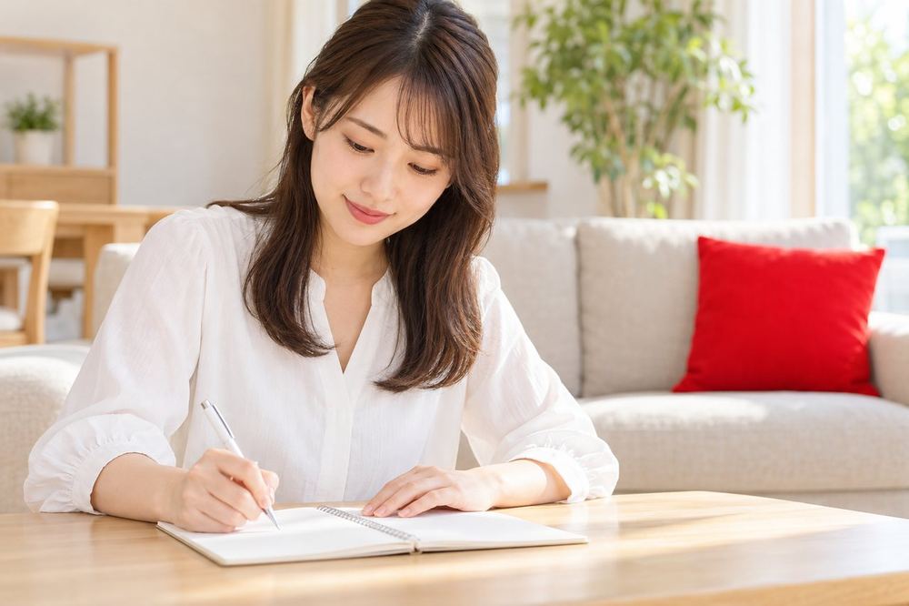 20代の女性がリビングで家族に向けて、収入の見込みをメモにまとめて説明する準備をしている