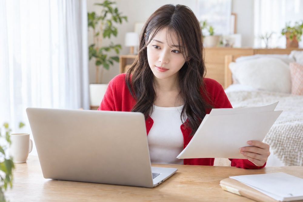 20代の女性が自室でノートパソコンを開き、申告書の入力画面を見ながら手元の書類と照らし合わせている
