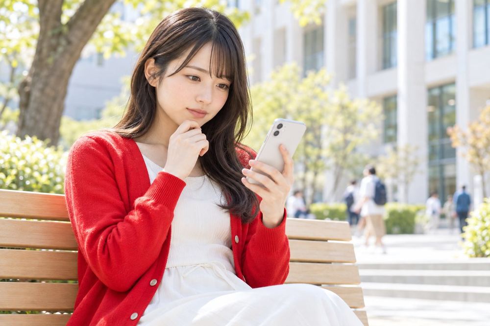 20代の女性が大学のキャンパスのベンチで、スマホのメッセージ画面を見ながら質問を考えている