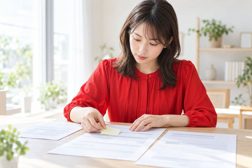 20代の女性が机に契約書の控えを広げ、契約の種類が書かれた部分に付箋を貼りながら読んでいる