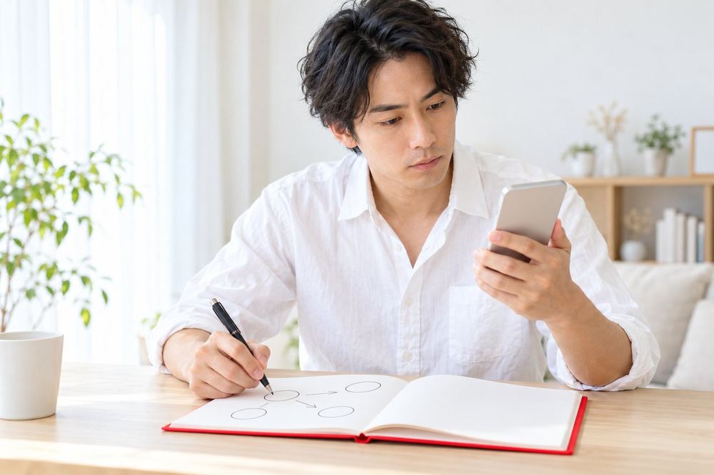 30代の男性がノートに矢印を描いて、報酬がどこからどこへ届くかを整理しながら、スマホの明細を見ている