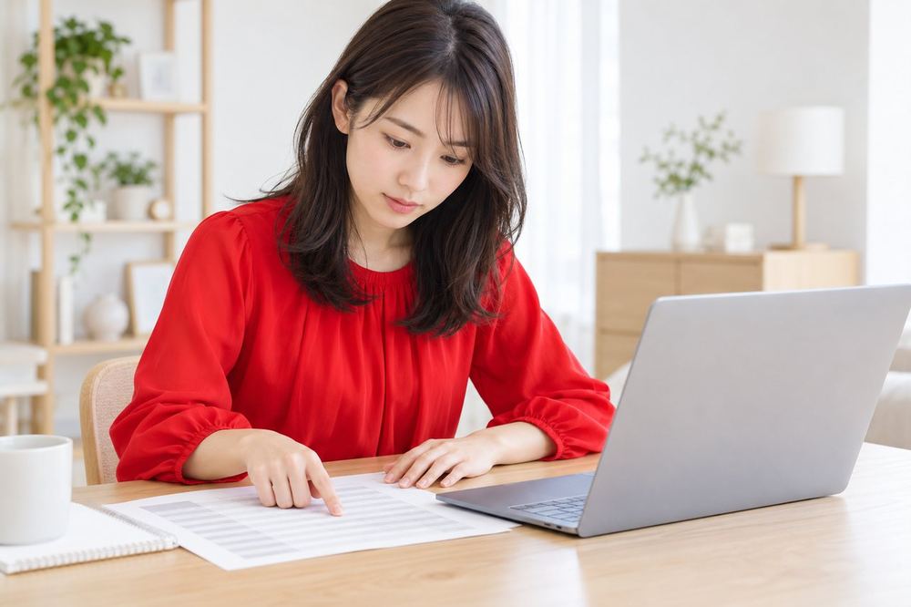 20代の女性が机で、振込の明細の画面と紙の支払明細を並べて、差し引かれた金額の内訳を指でなぞっている