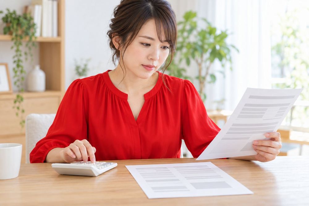 30代の女性が机で2種類の書類を見比べながら、電卓を叩いて収入から経費を引く計算をしている