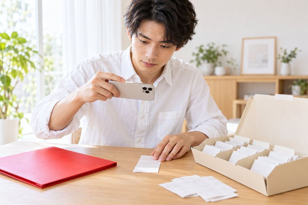 20代の男性が机の上で領収書をスマホで撮影し、日付ごとにフォルダへ整理している