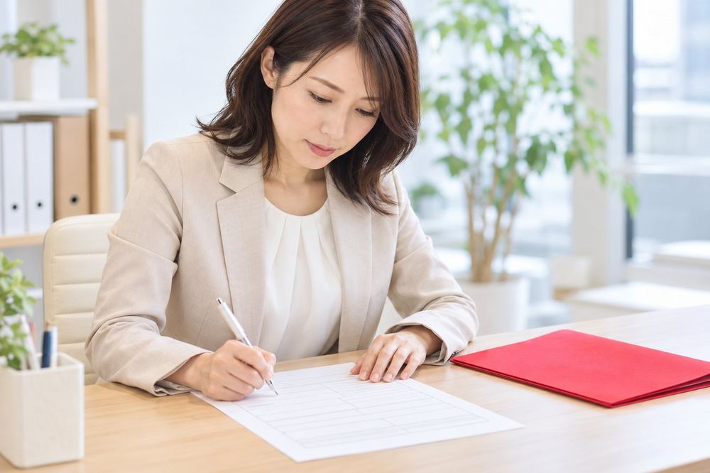 スーツ姿の30代の女性が机で書類を見ながら、税務署から取り寄せた届出書の記入欄を確かめている