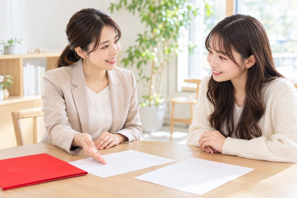 明るい相談スペースで、スーツ姿の女性の税理士と私服の20代の女性が、書類を挟んで話している