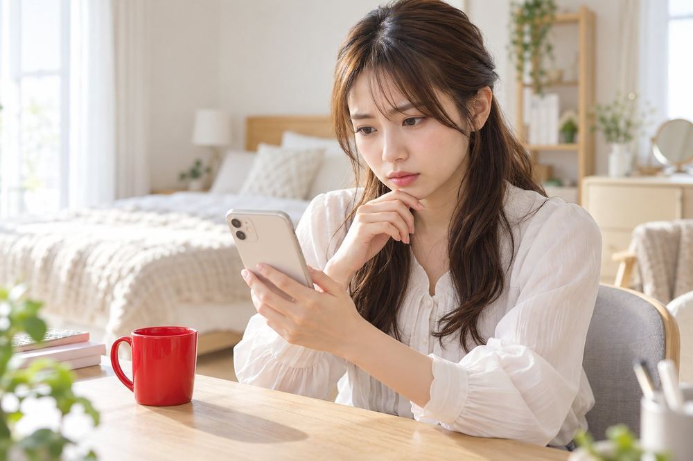 20代の女性が自室の机でスマホを持ち、少し緊張した表情で、画面に表示された配信の条件の文章を読んでいる