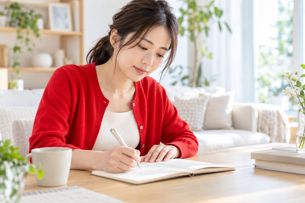 30代の女性が明るいリビングで、ノートに不安なことを書き出し、その横に対応策を書き足している