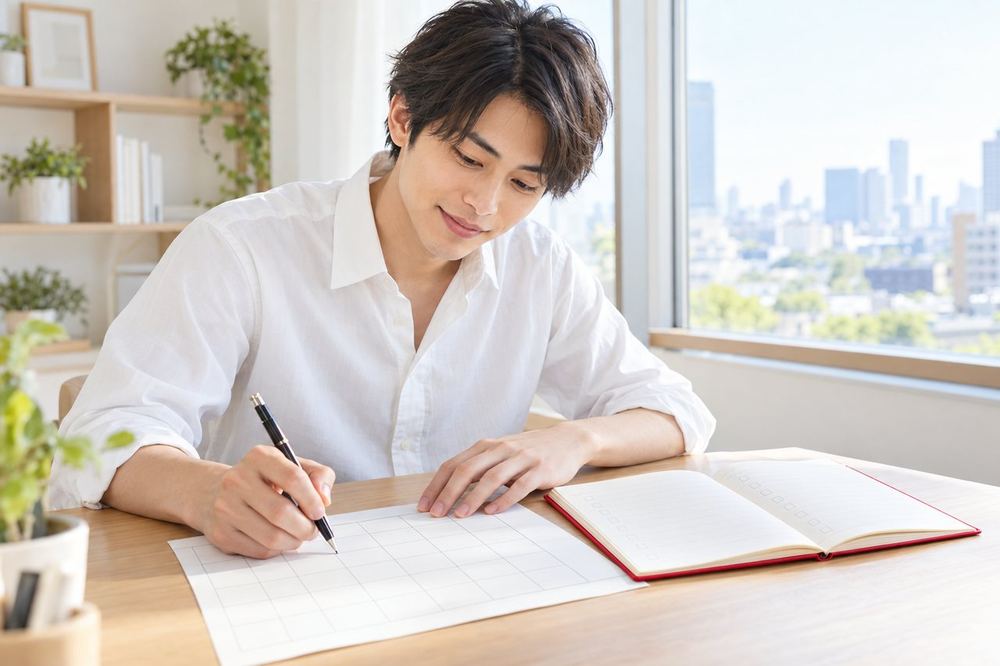 窓際の机で、20代の男性がカレンダーに配信の予定を書き込み、その横にノートで振り返りの項目を整理している