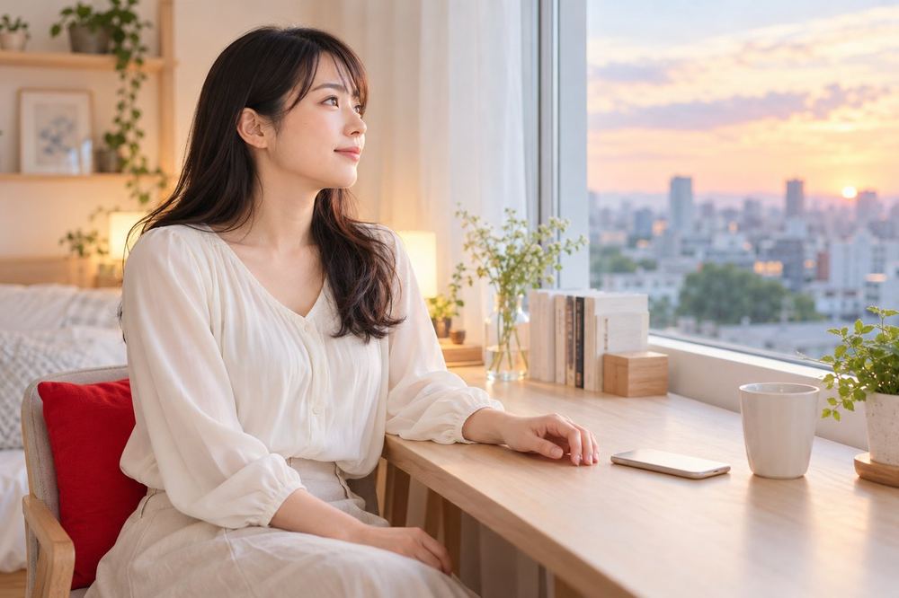 夕方の部屋で、20代の女性がスマホを机に置いて、窓の外を見ながら、ゆっくり深呼吸をして気持ちを落ち着けている