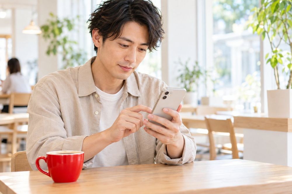 明るいカフェで、スマホの電卓アプリを使って1年分の売上を足し算している30代の男性