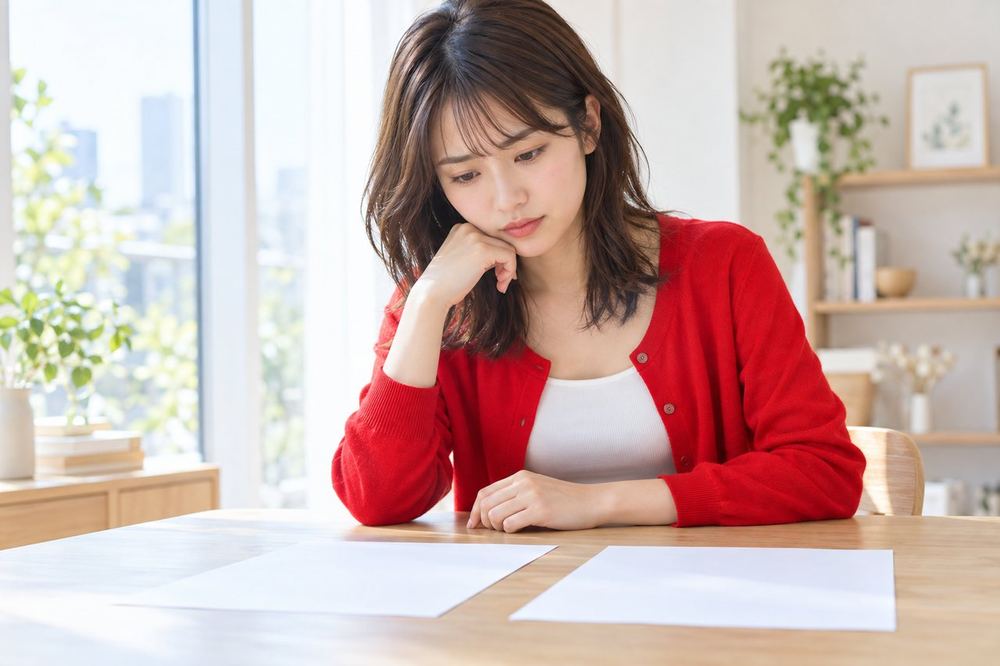 窓際のテーブルで、紙の資料を2枚並べて見比べながら、考え込んでいる20代の女性