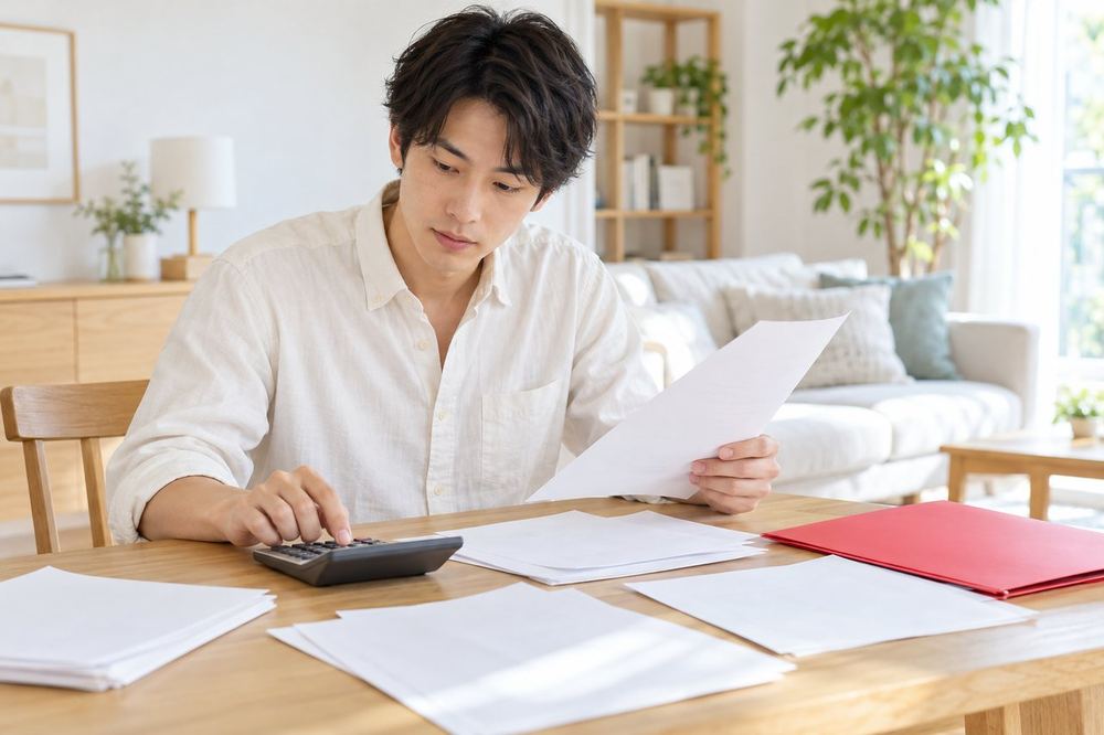 自宅のリビングで、電卓と書類を広げて、納める税金の計算をしている20代の男性