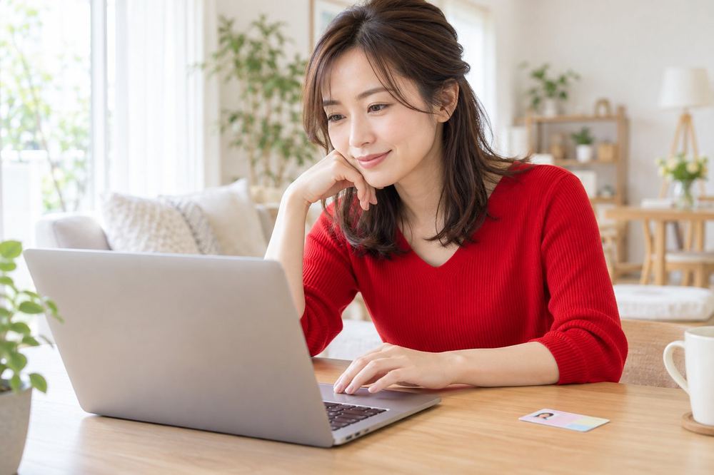 机の上のパソコンの横にマイナンバーカードを置いて、手続きの画面を進めている30代の女性