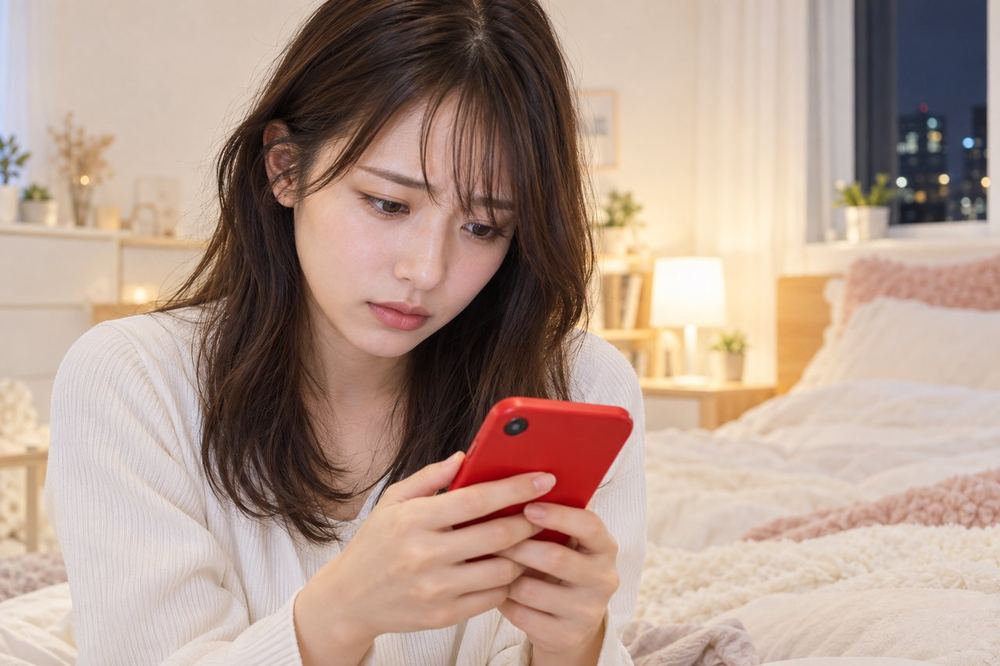 夜の自室で、スマホの画面を見ながら、公表される内容について不安そうに考えている20代の女性