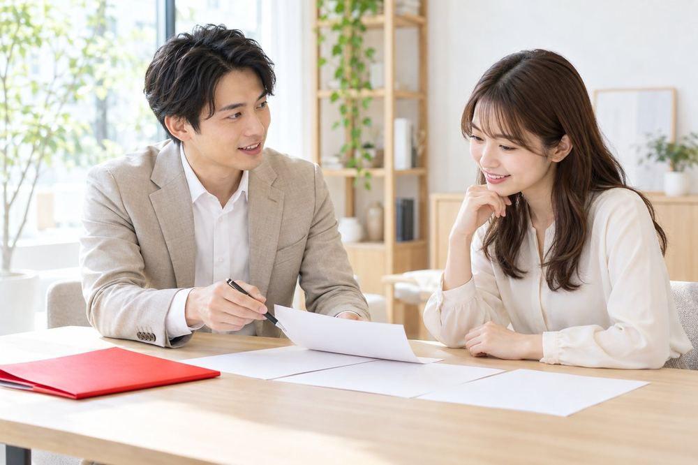 明るい相談スペースで、スーツ姿の税理士と若い女性が、書類を挟んで話している