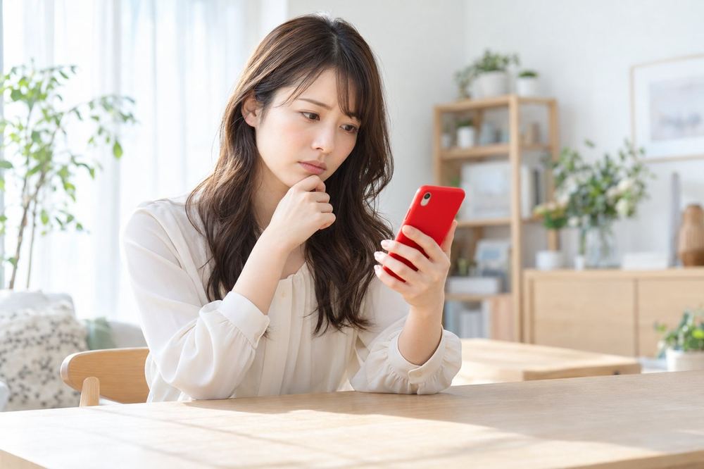 女性が自宅の机で、スマホの画面を自分の方に向けて、応募しようか迷いながら考えこんでいる