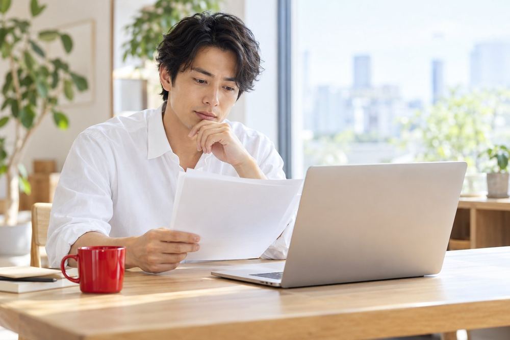 男性が机で書類とノートパソコンを見比べながら、公的機関の発表内容を読んでいる