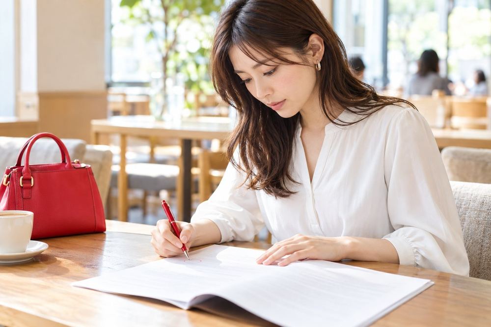 女性がカフェのテーブルで契約書の控えを広げ、ペンで気になる箇所に印をつけている