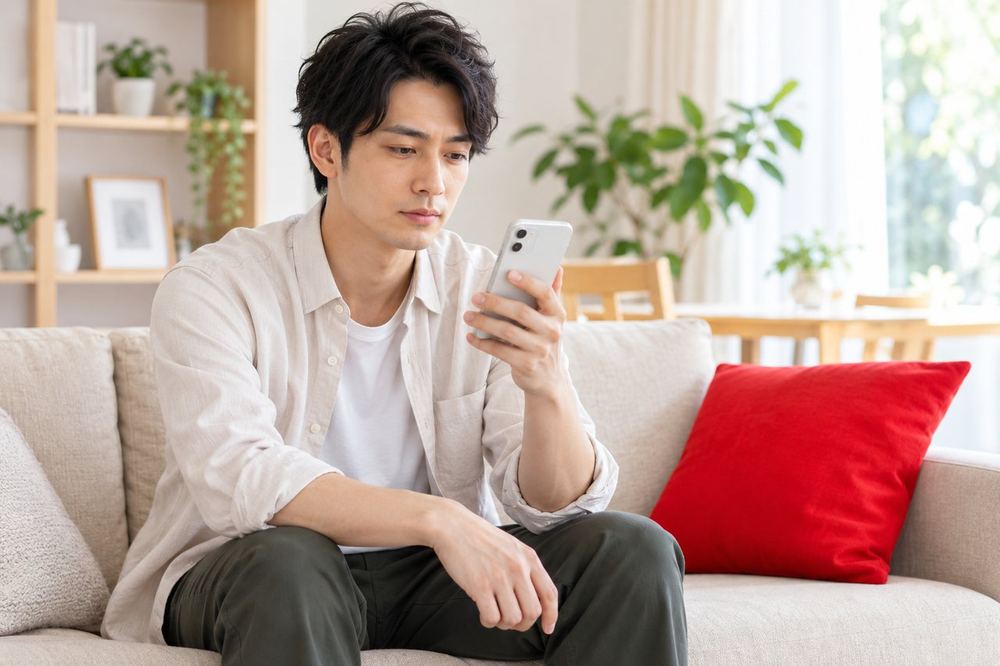 男性がソファに座ってスマホの画面を自分の方に向け、届いたメッセージの文面を慎重に読んでいる