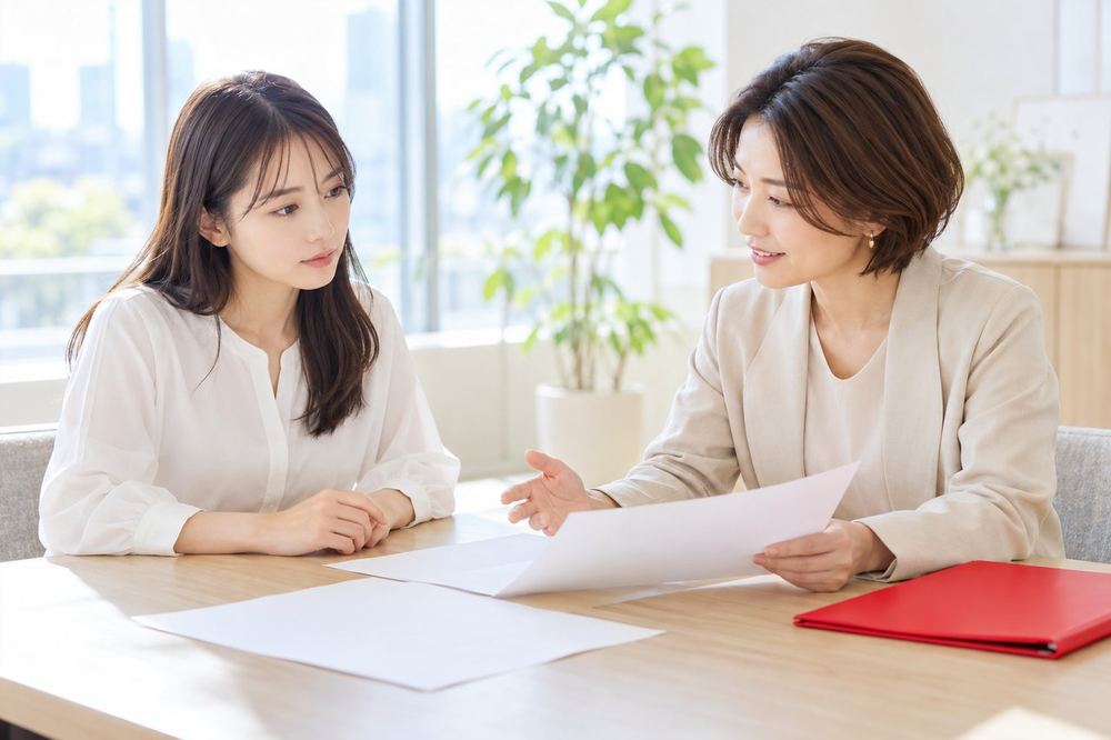 女性が明るい部屋で、マネージャー役の人と向かい合い、資料を前に落ち着いて話を聞いている