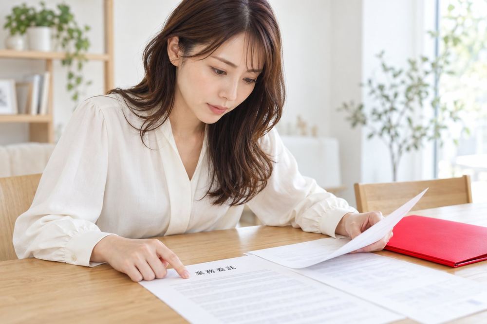 明るい部屋で、女性がテーブルに契約書を広げ、「業務委託」の文字に指を添えて読んでいる