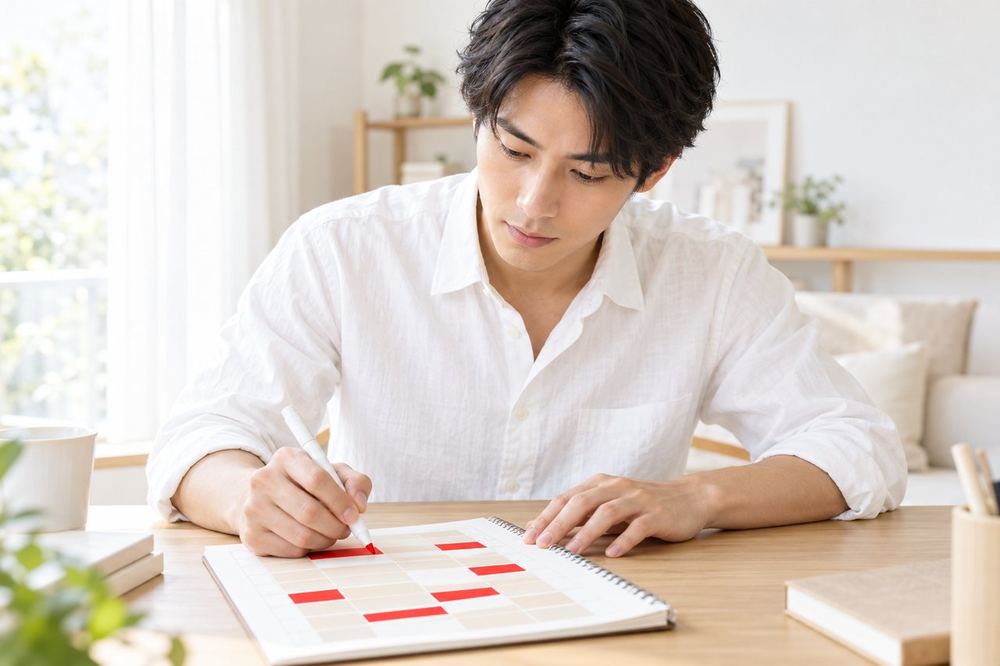 机で男性が、1日の配信の予定表を見ながら、自分で決めた時間と、決められた時間を色分けして確かめている