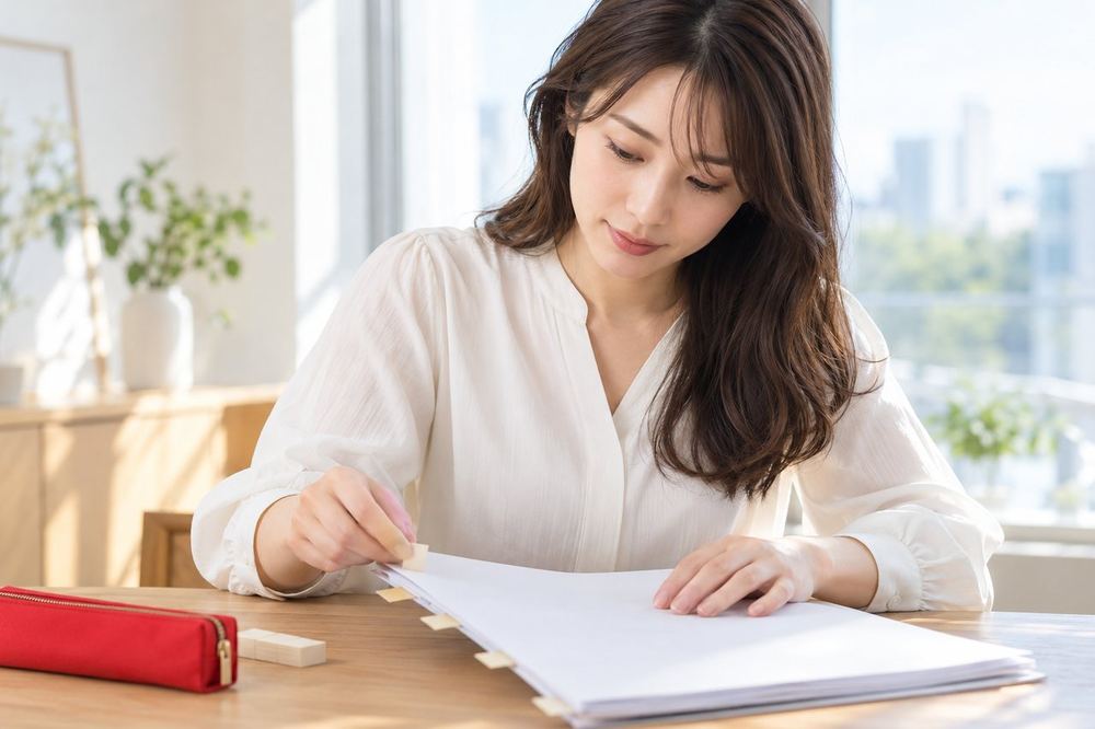窓際の机で女性が、渡された書面の項目に付箋を貼りながら、ひとつずつ内容を確認している