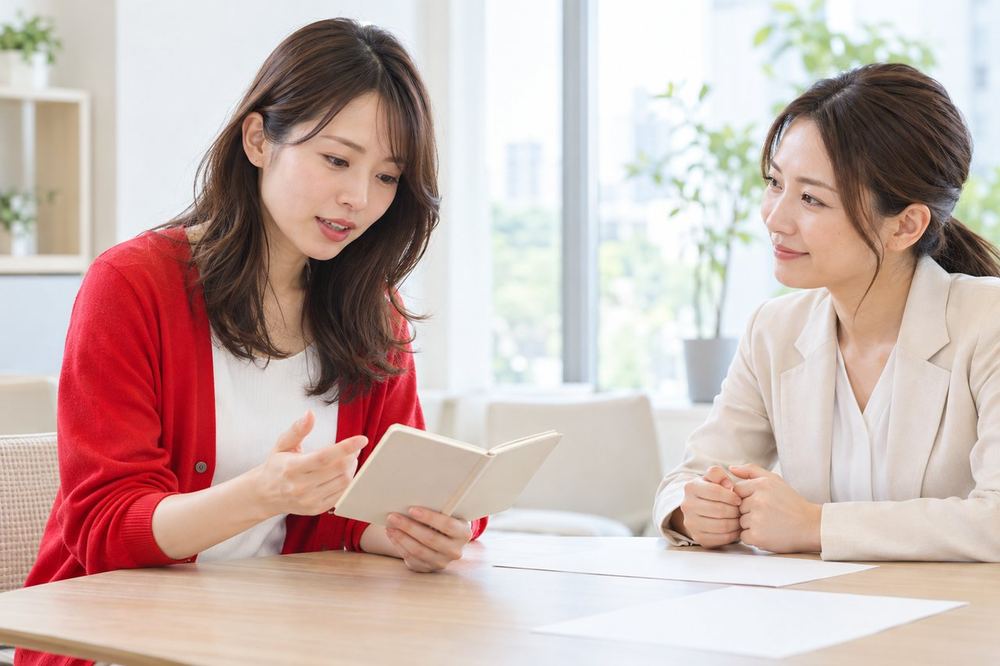 明るい部屋で、女性が手元のメモを見ながら、面談の担当者に契約について質問している