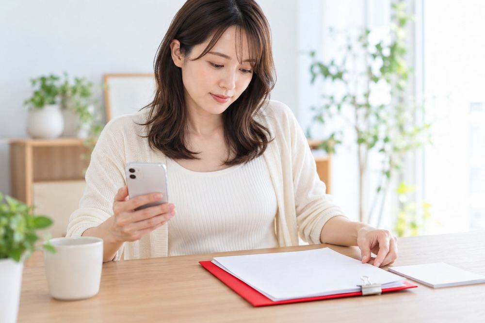 机で女性がスマホを手に、相談の電話をかける前に、契約書と日付のメモを並べて準備している