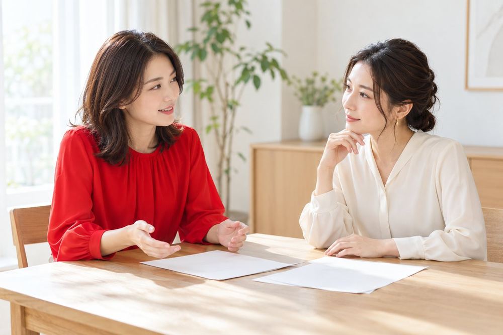 明るい部屋で、女性ふたりがテーブルを挟み、資料を前に、契約について落ち着いて話している