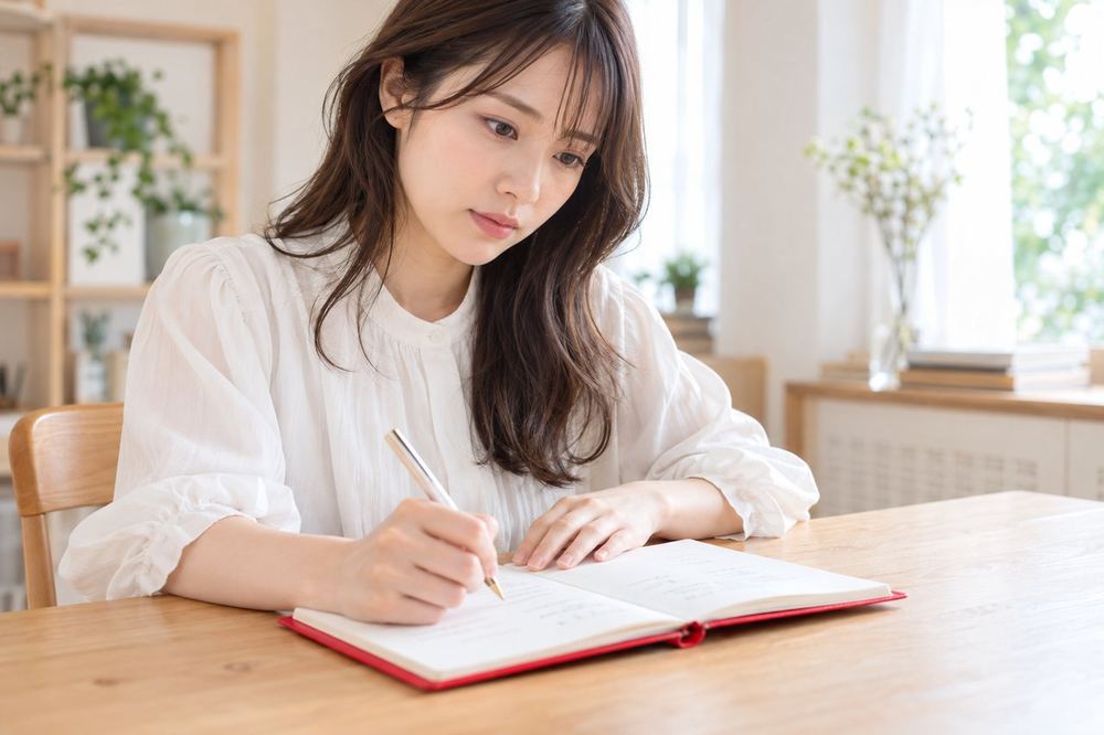 20代の女性が机の上に手帳を広げ、事務所に入るかどうかの迷いを3つの項目に分けて書き出している